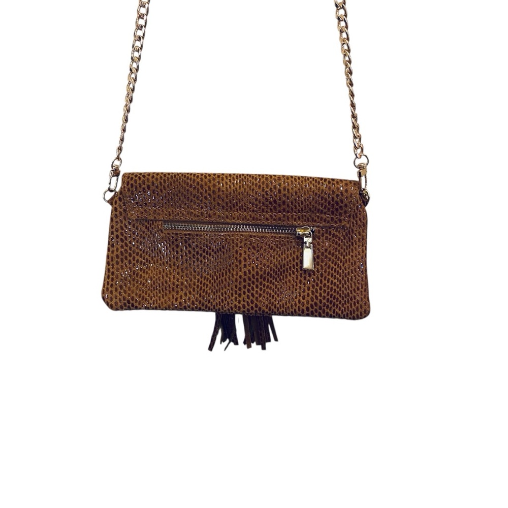 Brown Leather Snakeskin Embossed Purse with Tassels and Gold Chain - Picture 7 of 11